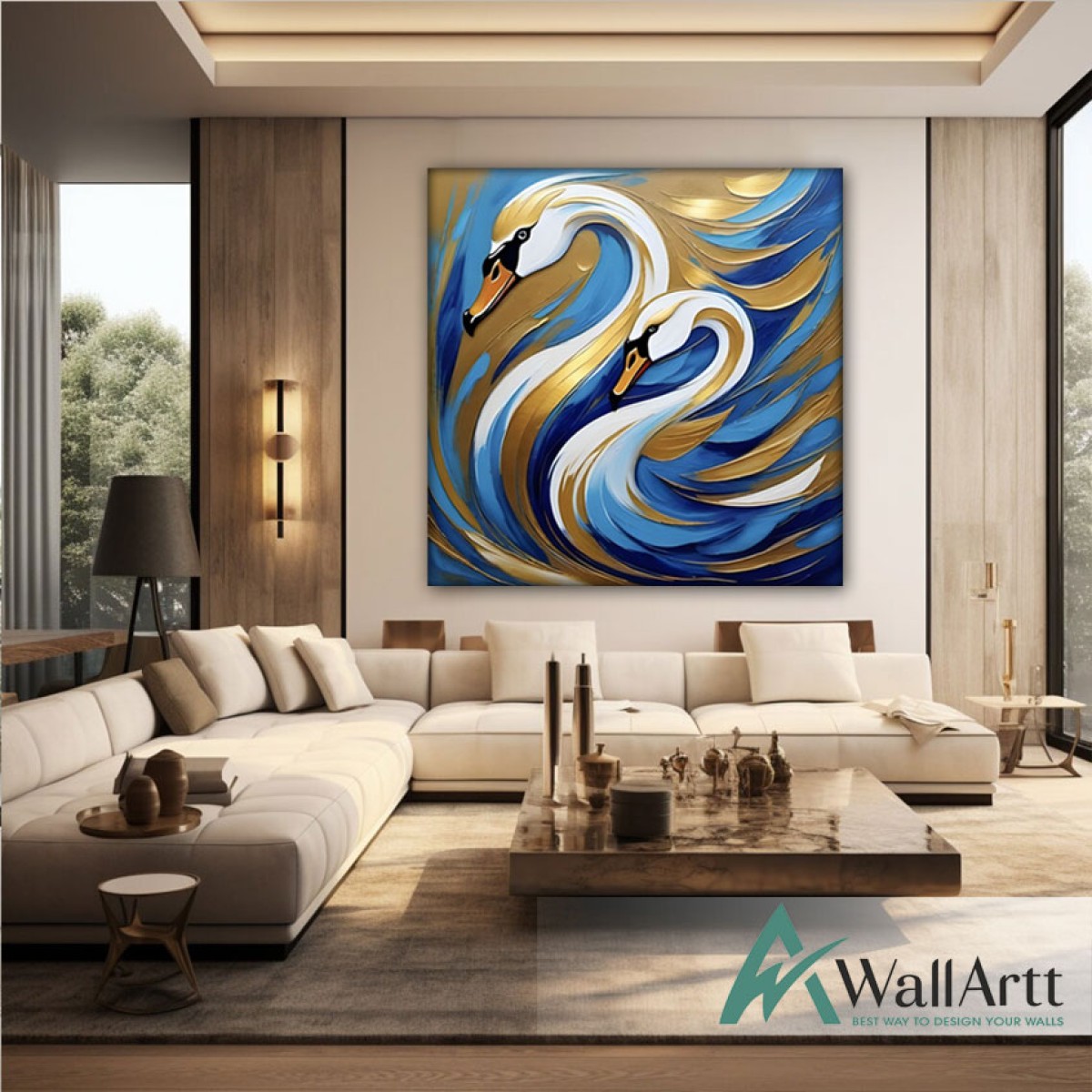 Abstract Gold Swans 3D Heavy Textured Partial Oil Painting - Wall Art